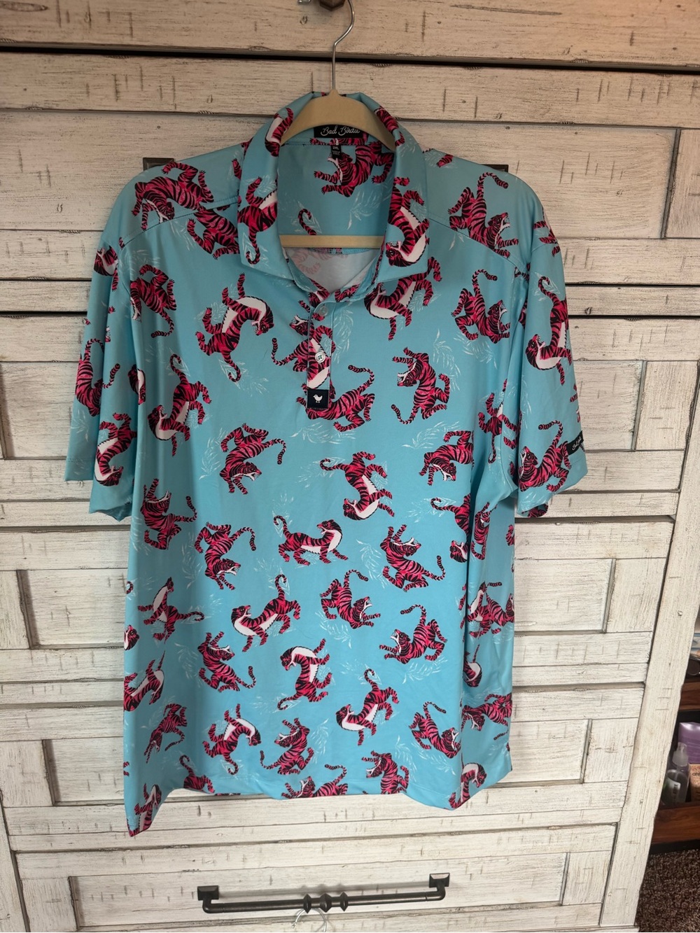 Bad Birdie Light Blue Polo with Pink Tiger Print